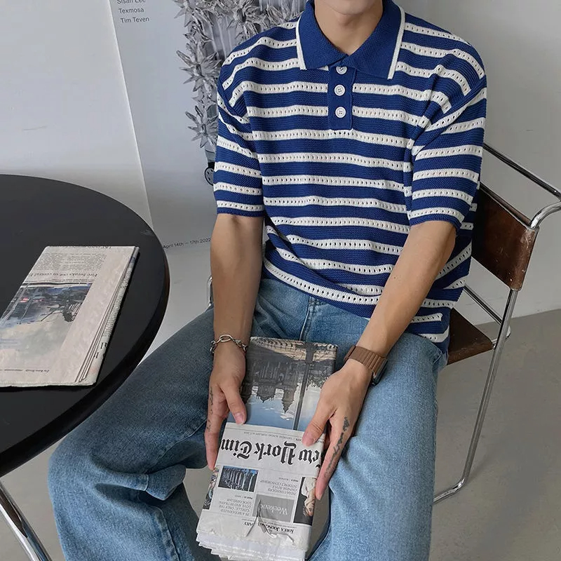 Áo Thun POLO Dệt Kim Mỏng Dáng Rộng Tay Ngắn Kẻ Sọc Kiểu Hàn Quốc Thời Trang Mùa Hè Cho Nam