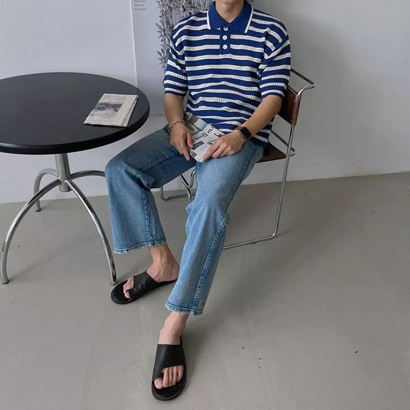 Áo Thun POLO Dệt Kim Mỏng Dáng Rộng Tay Ngắn Kẻ Sọc Kiểu Hàn Quốc Thời Trang Mùa Hè Cho Nam