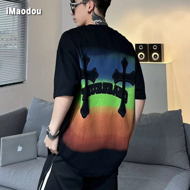 Áo Thun Tay Ngắn Cổ Tròn In Chữ Thập Phong Cách Đường Phố Cho Nam