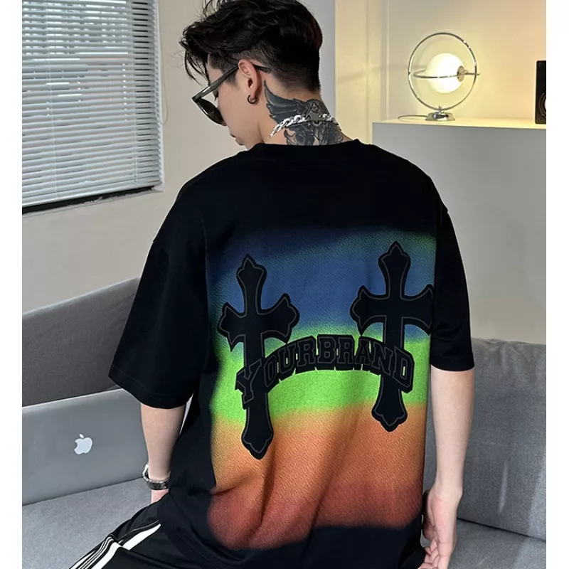 Áo Thun Tay Ngắn Cổ Tròn In Chữ Thập Phong Cách Đường Phố Cho Nam