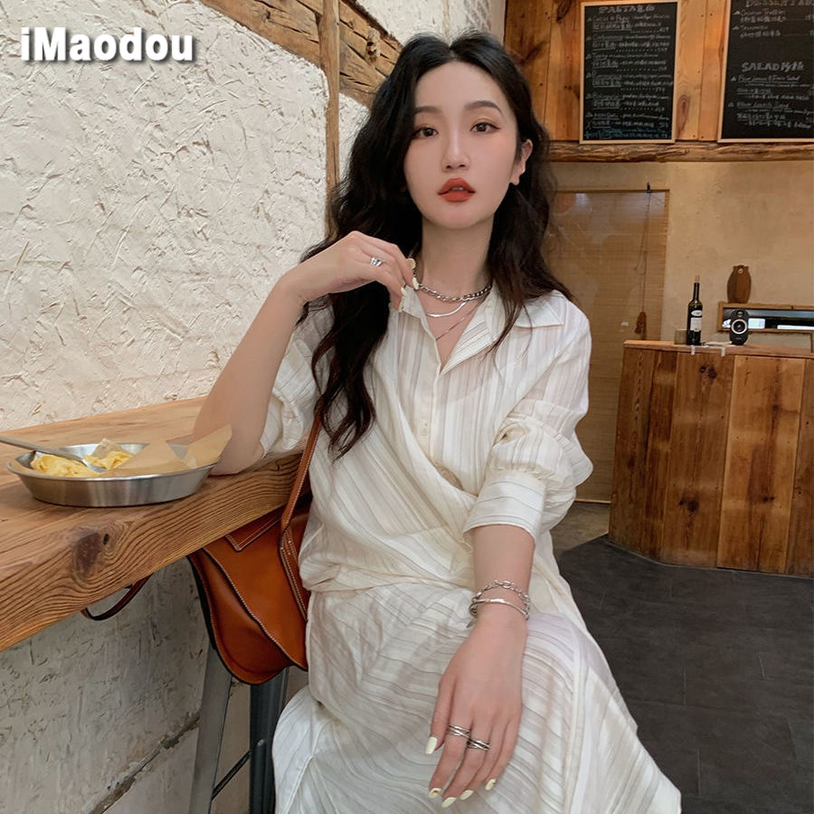 IMAODOU Đầm Sơ Mi Dáng Dài Form Rộng Họa Tiết Kẻ Sọc Màu Trắng Phong Cách Retro Pháp Plus Size