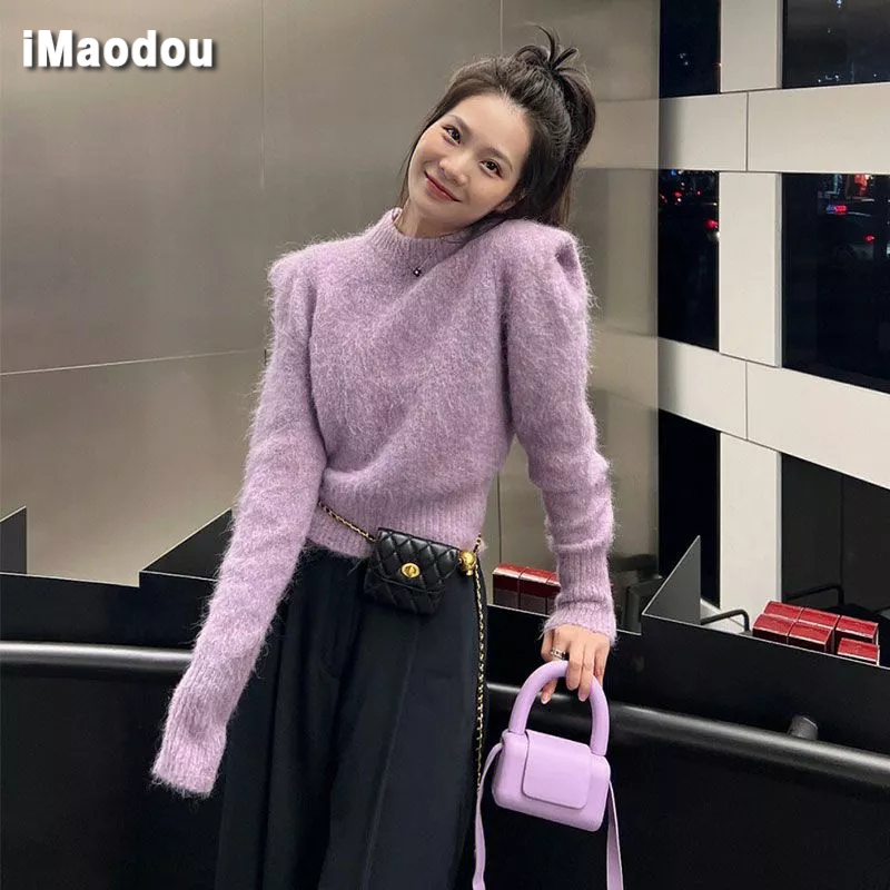 IMAODOUÁo Sweater Dệt Kim Vải Lông Cừu Tím Tay Phồng Dày Dặn Thời Trang Thu Đông Cho Nữ