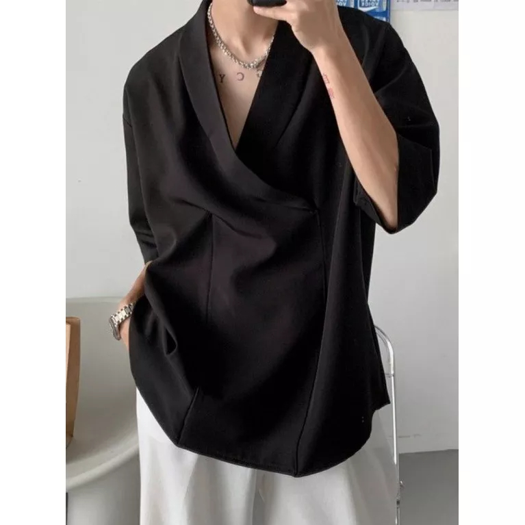 Áo Sơ Mi Tay Ngắn Cổ Chữ V Sâu Phong Cách Hàn Quốc Cho Nam