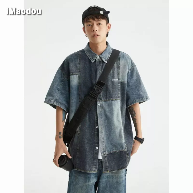 Áo Sơ Mi Denim Tay Lửng Phong Cách Retro Nhật Bản Dễ Phối Đồ Thời Trang Mùa Hè Dành Cho Nam