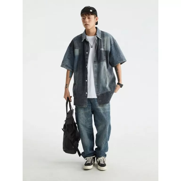 Áo Sơ Mi Denim Tay Lửng Phong Cách Retro Nhật Bản Dễ Phối Đồ Thời Trang Mùa Hè Dành Cho Nam