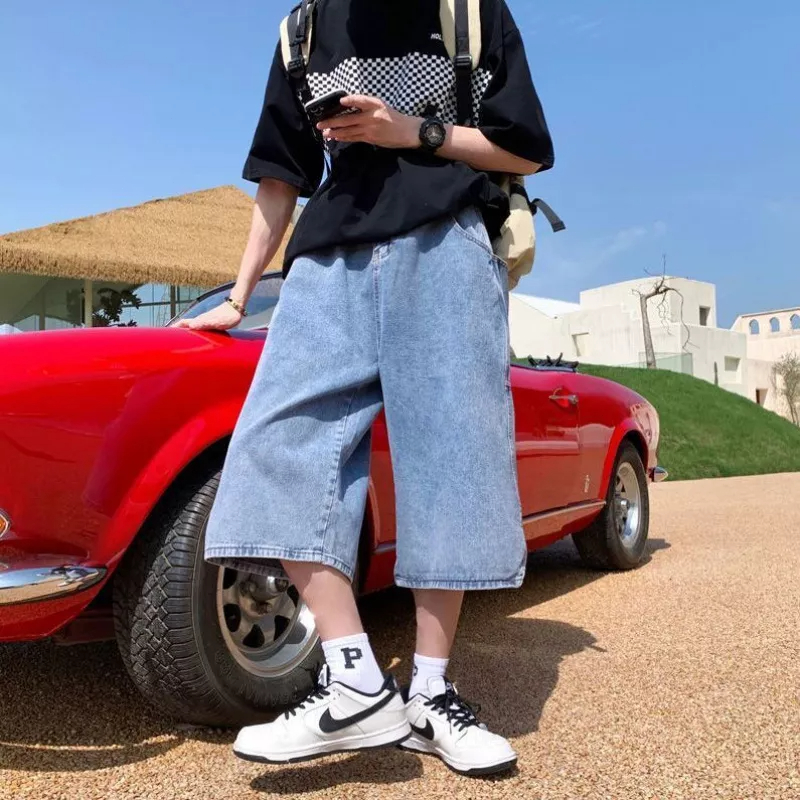 Quần Short Denim Mỏng Dáng Rộng Dài Qua Gối 6 Tấc Kiểu Nhật Bản Thời Trang Mùa Hè Cho Nam