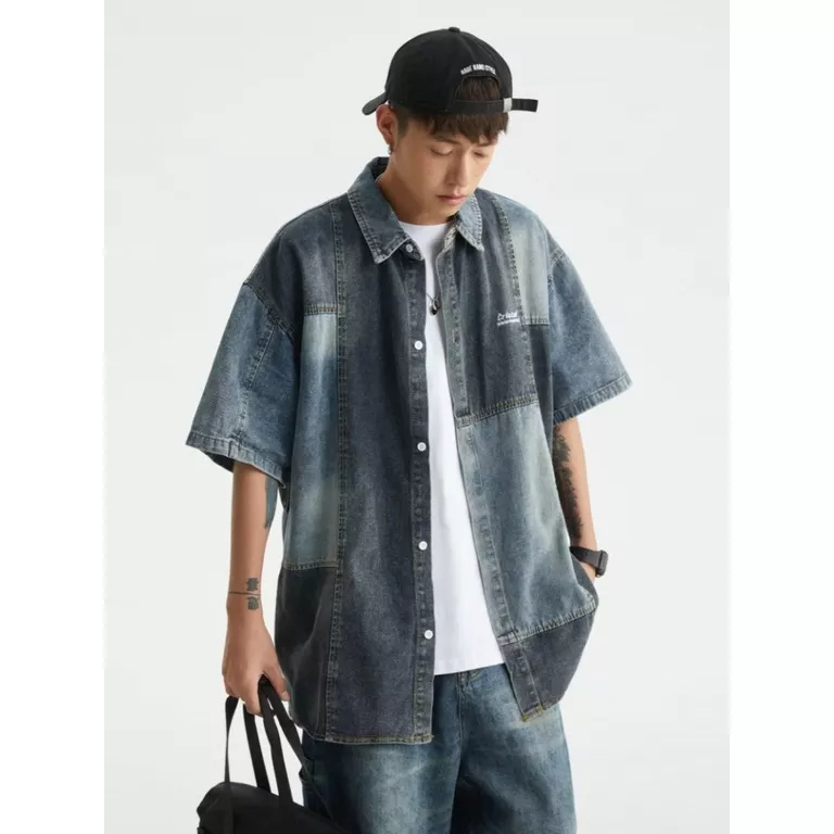 Áo Sơ Mi Denim Tay Lửng Phong Cách Retro Nhật Bản Dễ Phối Đồ Thời Trang Mùa Hè Dành Cho Nam