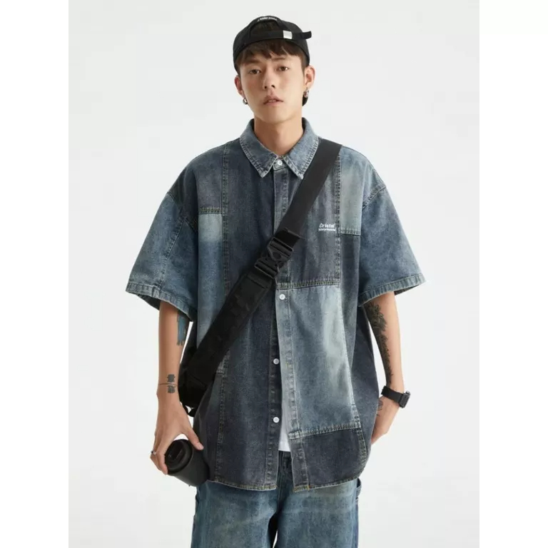 Áo Sơ Mi Denim Tay Lửng Phong Cách Retro Nhật Bản Dễ Phối Đồ Thời Trang Mùa Hè Dành Cho Nam