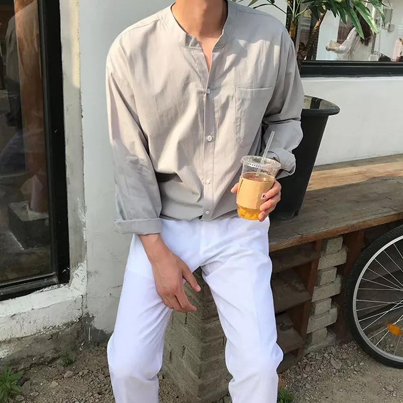Áo Sơ Mi Nam Tay Dài Cổ Đứng Dáng Rộng Phong Cách Hàn Quốc Thời Trang Xuân Thu