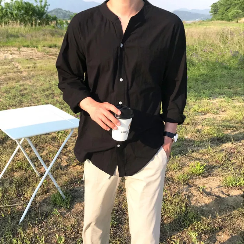 Áo Sơ Mi Nam Tay Dài Cổ Đứng Dáng Rộng Phong Cách Hàn Quốc Thời Trang Xuân Thu