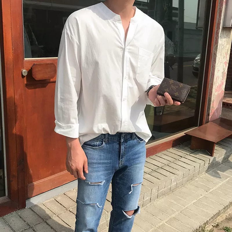 Áo Sơ Mi Nam Tay Dài Cổ Đứng Dáng Rộng Phong Cách Hàn Quốc Thời Trang Xuân Thu