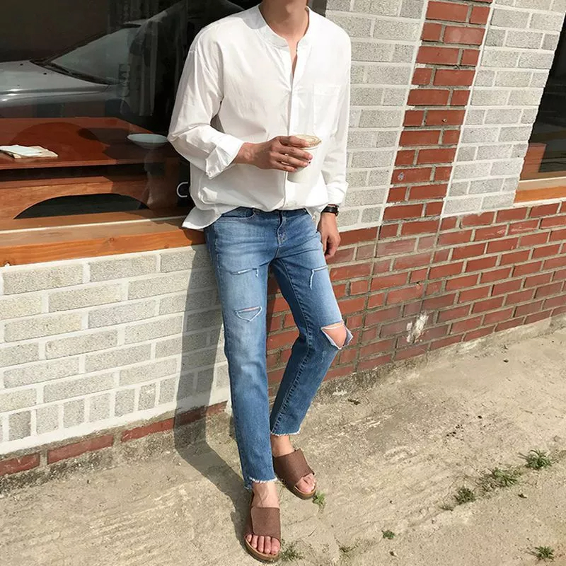 Áo Sơ Mi Nam Tay Dài Cổ Đứng Dáng Rộng Phong Cách Hàn Quốc Thời Trang Xuân Thu