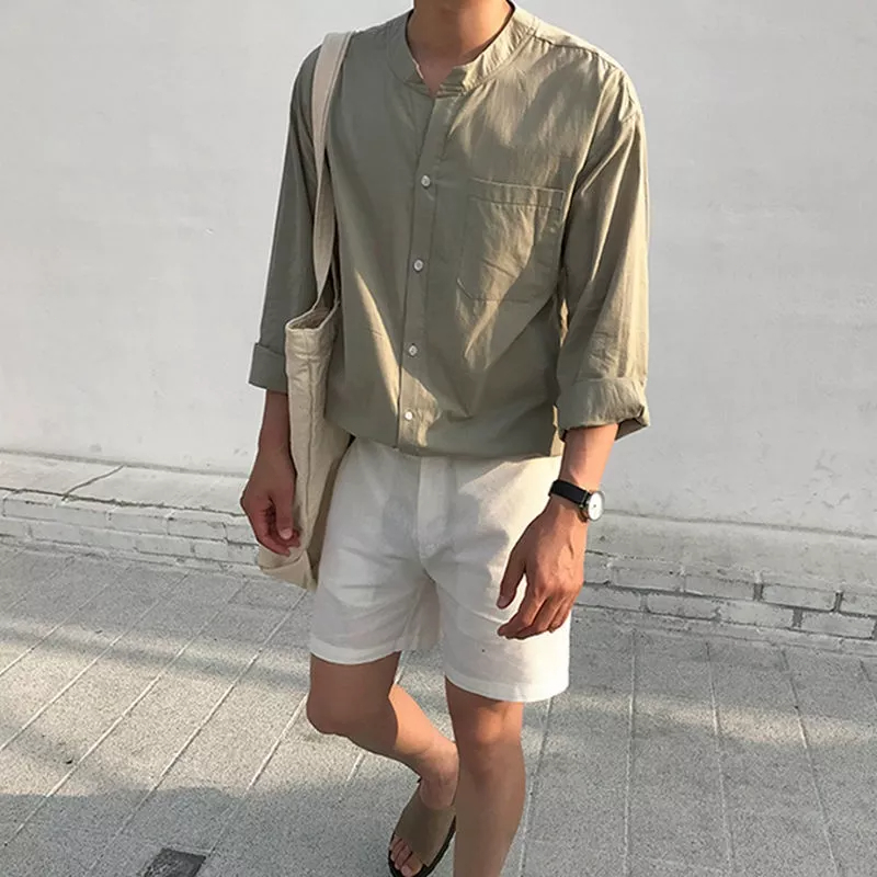 Áo Sơ Mi Nam Tay Dài Cổ Đứng Dáng Rộng Phong Cách Hàn Quốc Thời Trang Xuân Thu