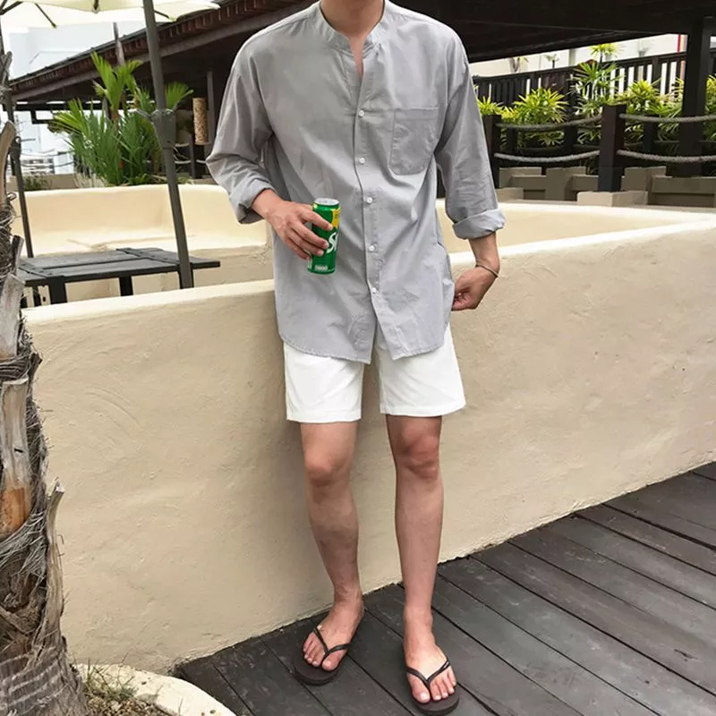 Áo Sơ Mi Nam Tay Dài Cổ Đứng Dáng Rộng Phong Cách Hàn Quốc Thời Trang Xuân Thu