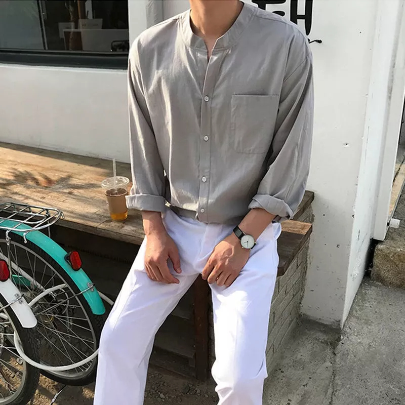 Áo Sơ Mi Nam Tay Dài Cổ Đứng Dáng Rộng Phong Cách Hàn Quốc Thời Trang Xuân Thu