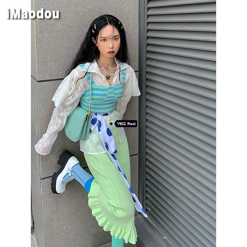 IMAODOU Set Áo Hai Dây Áo Sơ Mi Chống Nắng Chân Váy Đuôi Cá Thời Trang Mùa Hè Cho Nữ