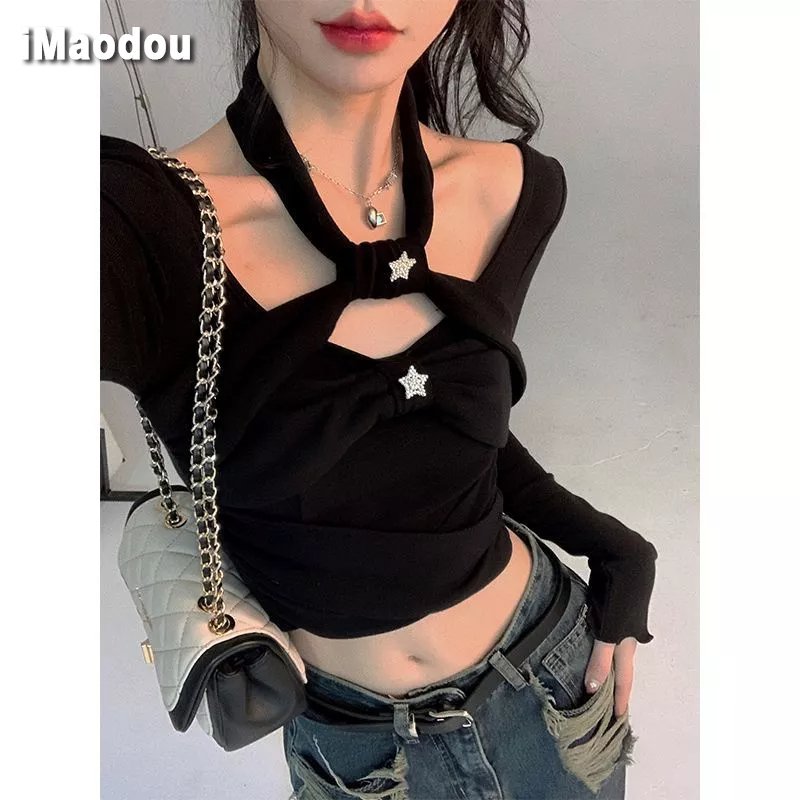 IMAODOU Áo thun lửng tay dài hở vai dáng ôm eo cao thời trang mùa xuân quyến rũ dành cho nữ