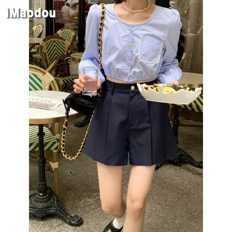 IMAODOU Set Áo Sơ Mi Kẻ Sọc Ngắn Tay Phối Ren + Quần Short Chữ A Xếp Ly Phong Cách Retro Mùa Xuân Mới 2023