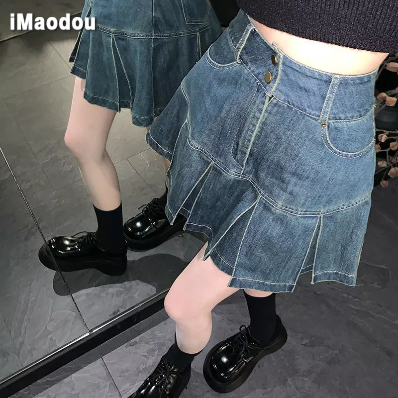 IMAODOU Chân váy denim  chữ A xếp ly lưng cao thời trang mùa hè cho nữ