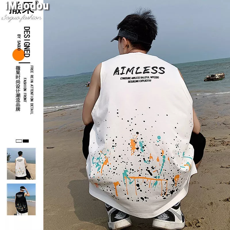 Áo Thun Ba Lỗ Thể Thao Dáng Rộng In Chữ Màu Nước Graffiti Thời Trang Mùa Hè Cho Nam