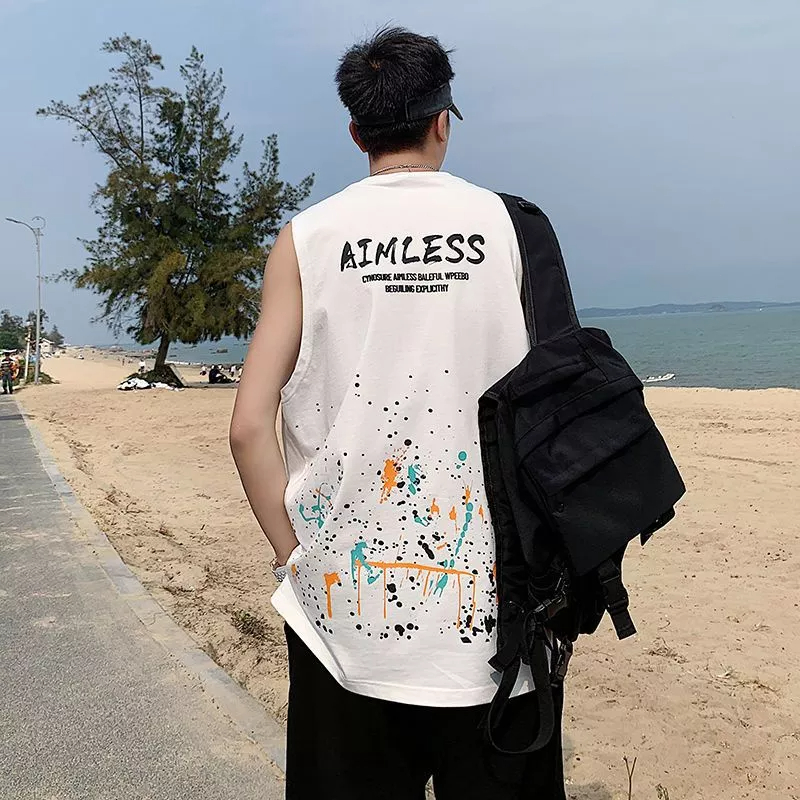 Áo Thun Ba Lỗ Thể Thao Dáng Rộng In Chữ Màu Nước Graffiti Thời Trang Mùa Hè Cho Nam