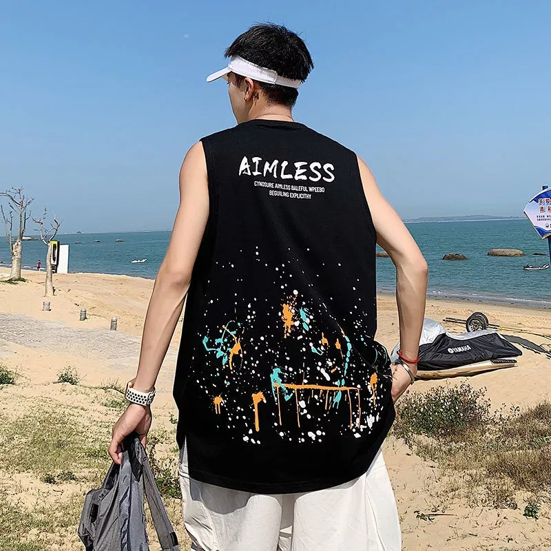 Áo Thun Ba Lỗ Thể Thao Dáng Rộng In Chữ Màu Nước Graffiti Thời Trang Mùa Hè Cho Nam