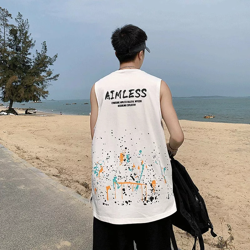 Áo Thun Ba Lỗ Thể Thao Dáng Rộng In Chữ Màu Nước Graffiti Thời Trang Mùa Hè Cho Nam