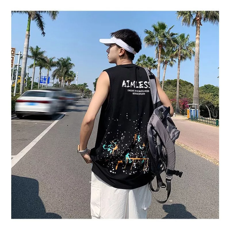 Áo Thun Ba Lỗ Thể Thao Dáng Rộng In Chữ Màu Nước Graffiti Thời Trang Mùa Hè Cho Nam