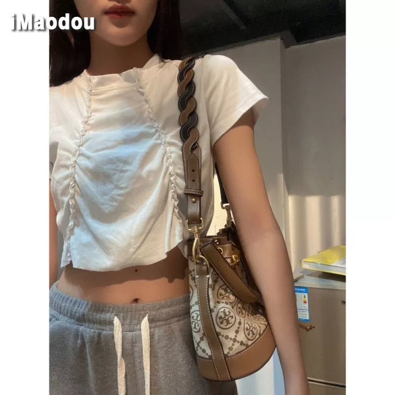IMAODOU Áo Thun Croptop Tay Ngắn Cổ Tròn Phong Cách Hàn Quốc Thời Trang Mùa Hè Cho Nữ