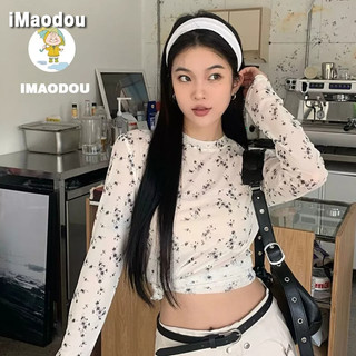 IMAODOU Áo thun lưới  tay dài ôm dáng in hoa nhí xinh xắn thời trang cho nữ