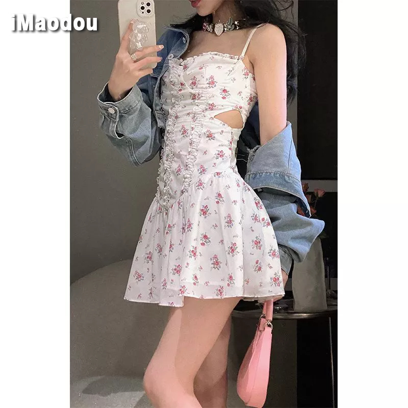 IMAODOU Đầm Hai Dây Hở Eo Họa Tiết Hoa Nhỏ Màu Trắng Thời Trang Mùa Xuân Hàng Mới Dành Cho Bạn Nữ