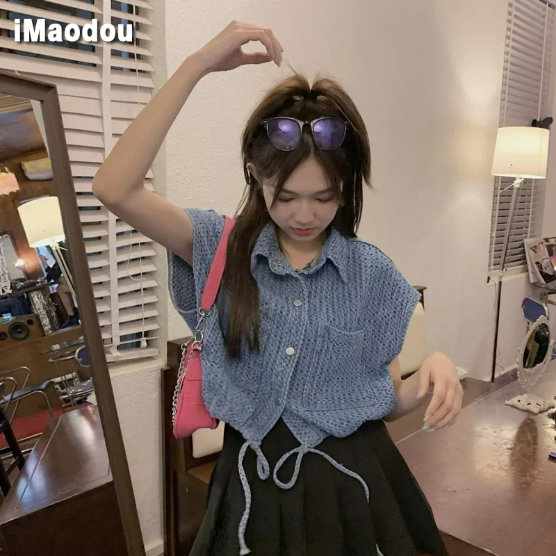 IMAODOU Áo Sơ Mi Denim Ngắn Thiết Kế Mới Mùa Hè 2023 Thời Trang Sang Trọng Cho Nữ