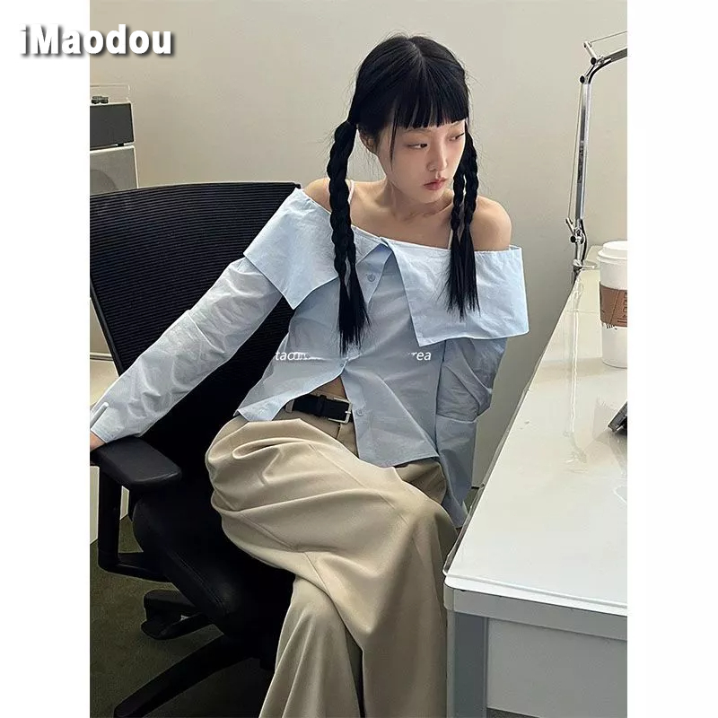 IMAODOU Áo sơ mi ngắn mỏng một đường viền đơn giản thời trang Hàn Quốc gợi cảm cho nữ