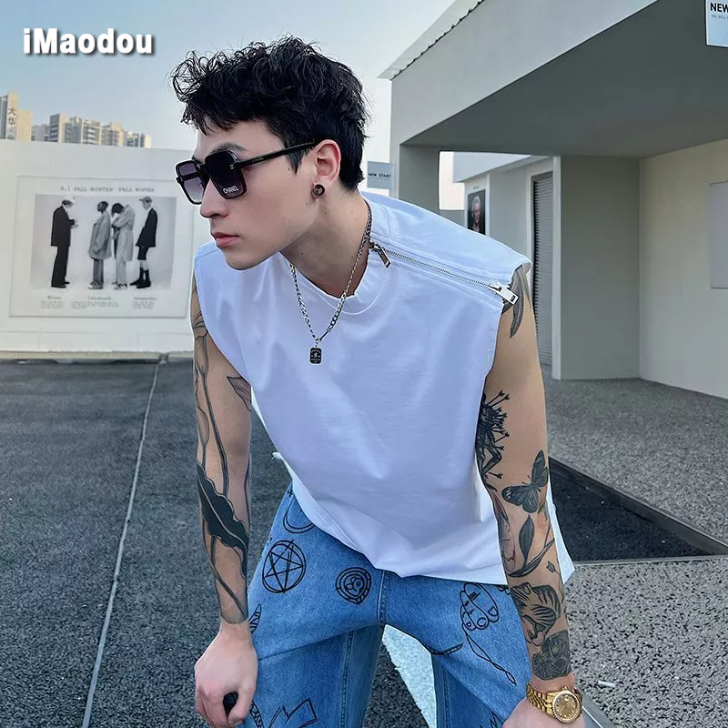 Áo Thun Sát Nách Màu Trơn Có Khóa Kéo Phong Cách Thể Thao Đường Phố Thời Trang Mùa Hè Cho Nam Và Nữ