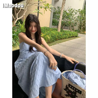 IMAODOU Đầm  dài dáng chữ A không tay màu trơn dây rút sau lưng thời trang cho nữ