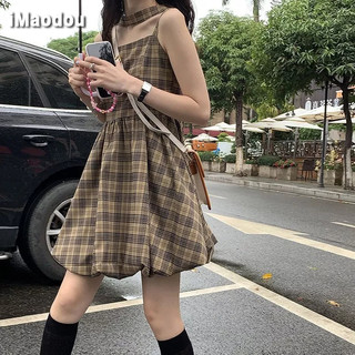 IMAODOU Đầm hai dây  dáng ngắn cổ vuông không tay eo cao họa tiết caro thời trang mùa hè cho nữ