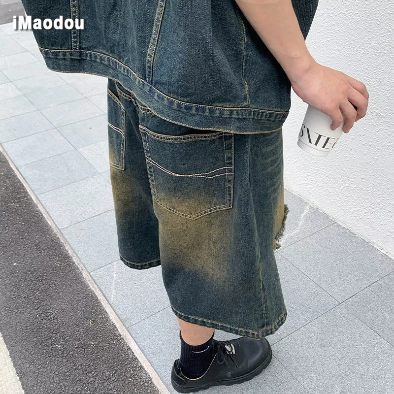 Quần Short Denim Rách Dáng Rộng Phong Cách Hip Hop Mỹ Cá Tính Cho Nam