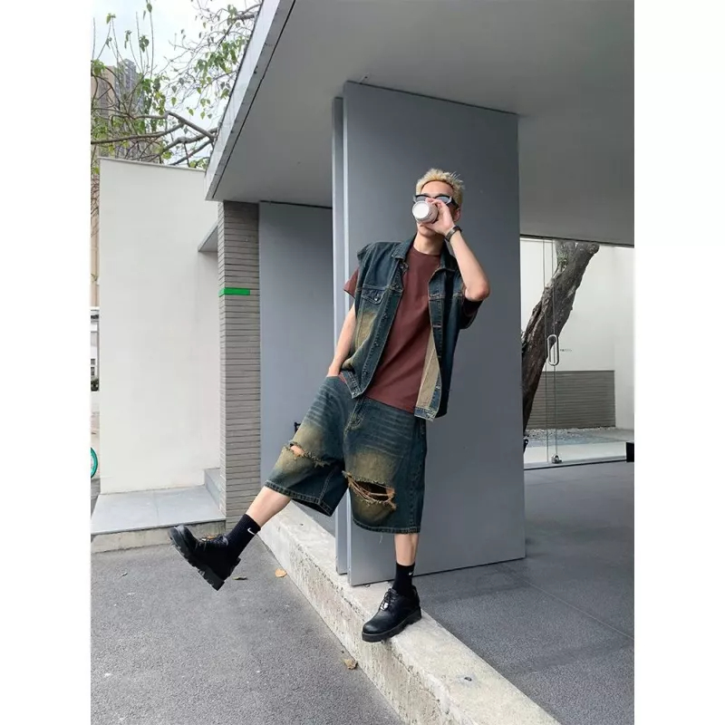 Quần Short Denim Rách Dáng Rộng Phong Cách Hip Hop Mỹ Cá Tính Cho Nam