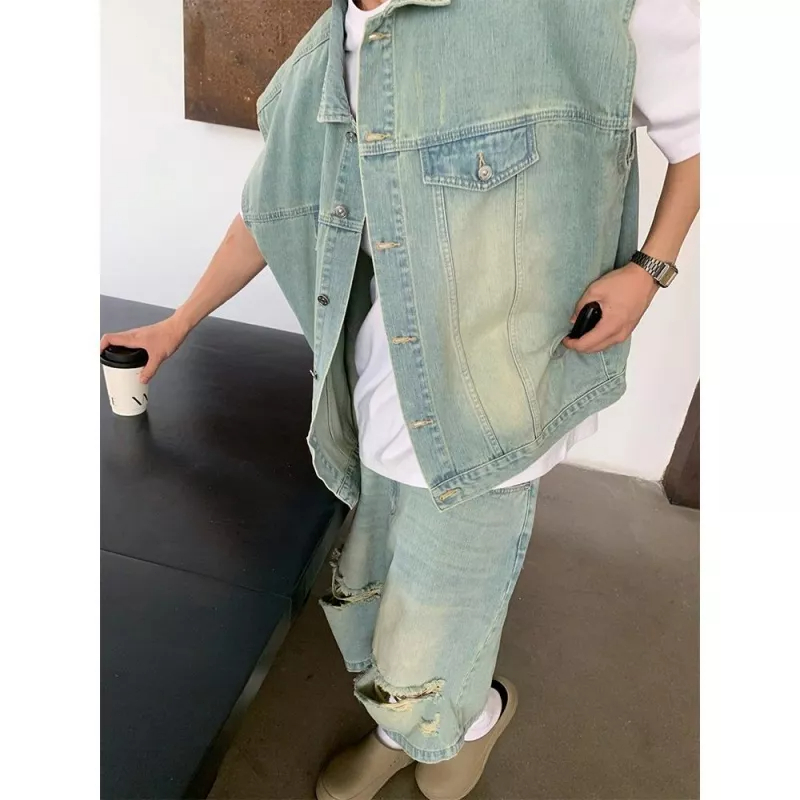 Quần Short Denim Rách Dáng Rộng Phong Cách Hip Hop Mỹ Cá Tính Cho Nam