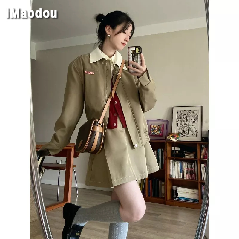 IMAODOU Bộ Áo Khoác Suit + Chân Váy Xếp Ly Xinh Xắn Theo Phong Cách Thu Đông Pháp