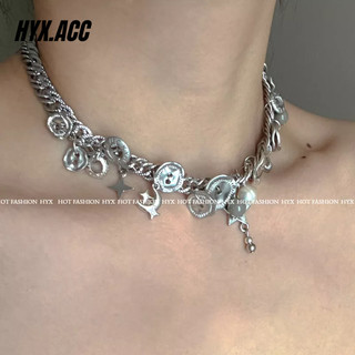 Vòng cổ nữ choker, Vòng cổ ngôi sao mặt cười nút màu xám Y2K