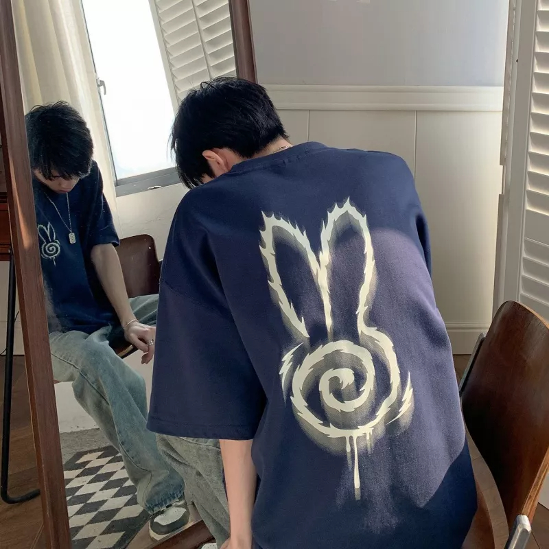 Áo Thun 100% Cotton Tay Ngắn Dáng Rộng In Hình Thỏ Phong Cách Retro Cho Nam Giới