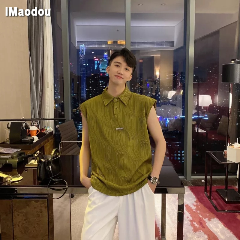 Áo Thun Polo Không Tay Cài Nút Kim Loại Họa Tiết Gợn Sóng Thời Trang Mùa Hè Cao Cấp Cho Nam