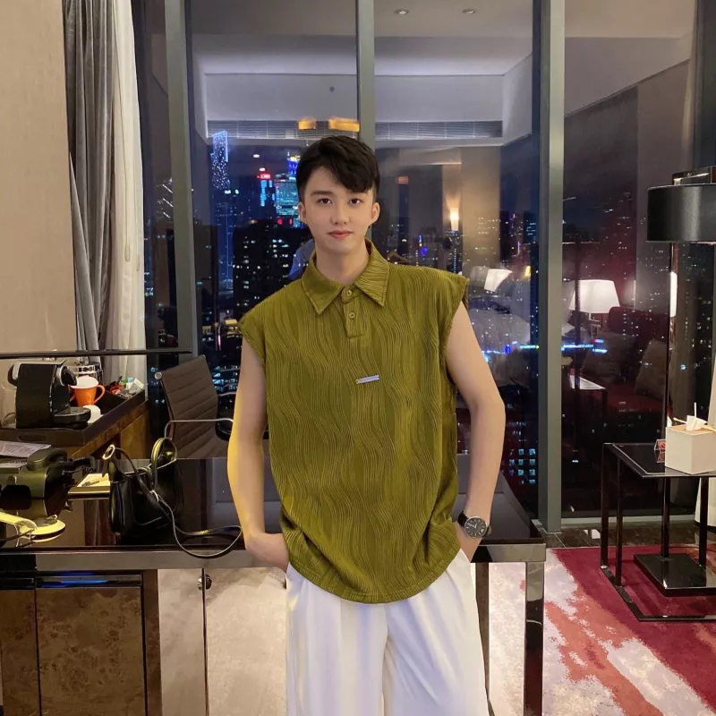 Áo Thun Polo Không Tay Cài Nút Kim Loại Họa Tiết Gợn Sóng Thời Trang Mùa Hè Cao Cấp Cho Nam