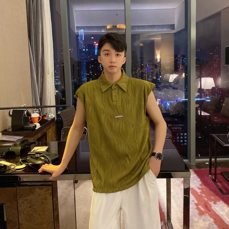 Áo Thun Polo Không Tay Cài Nút Kim Loại Họa Tiết Gợn Sóng Thời Trang Mùa Hè Cao Cấp Cho Nam