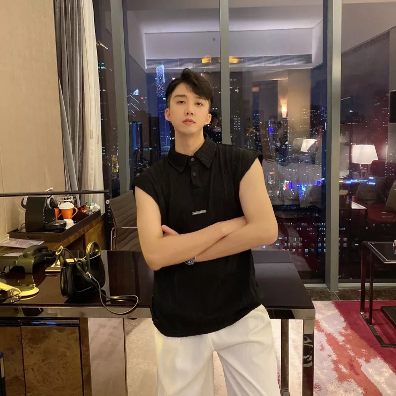 Áo Thun Polo Không Tay Cài Nút Kim Loại Họa Tiết Gợn Sóng Thời Trang Mùa Hè Cao Cấp Cho Nam