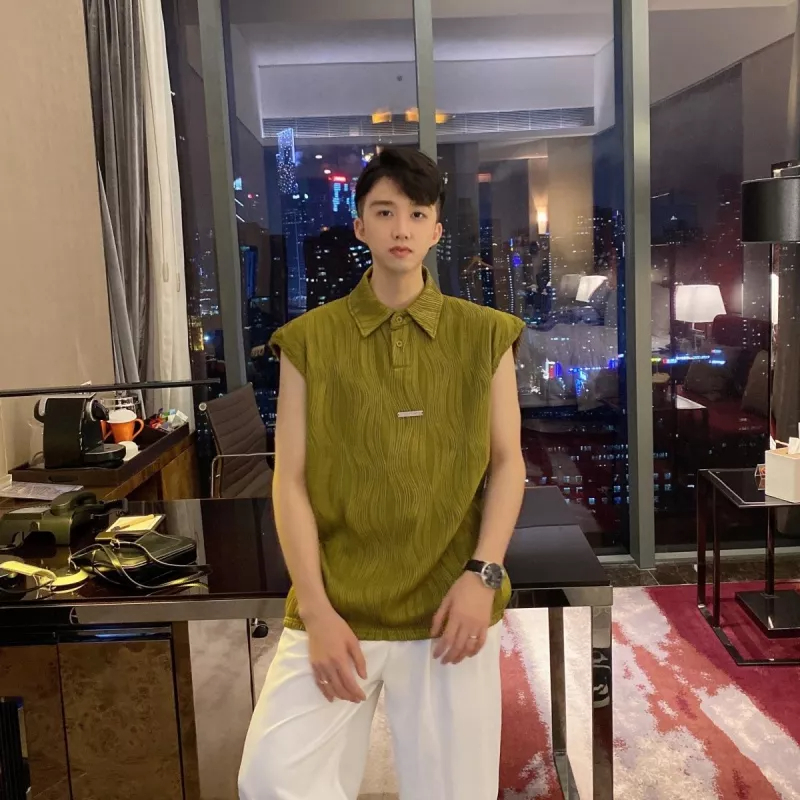 Áo Thun Polo Không Tay Cài Nút Kim Loại Họa Tiết Gợn Sóng Thời Trang Mùa Hè Cao Cấp Cho Nam