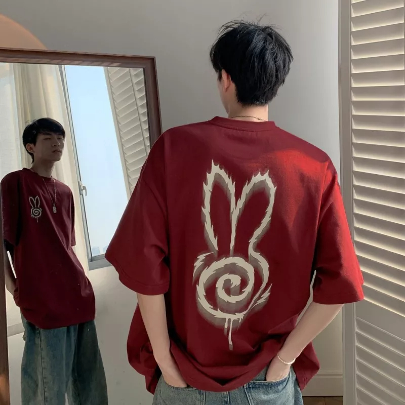 Áo Thun 100% Cotton Tay Ngắn Dáng Rộng In Hình Thỏ Phong Cách Retro Cho Nam Giới