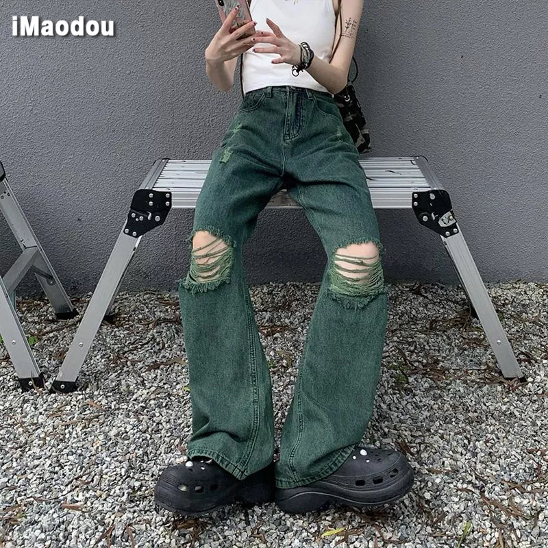 Quần Jean dài iMaodou ống rộng rách gối thời trang mùa hè phong cách đường phố Mỹ cho nam