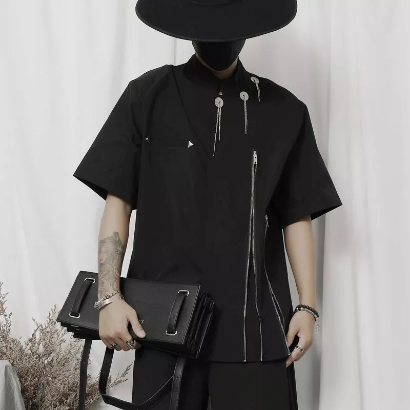 Áo Sơ Mi Tay Ngắn Cổ Đứng Dáng Rộng Phối Khóa Kéo Thời Trang Mùa Hè 2023 Cho Nam
